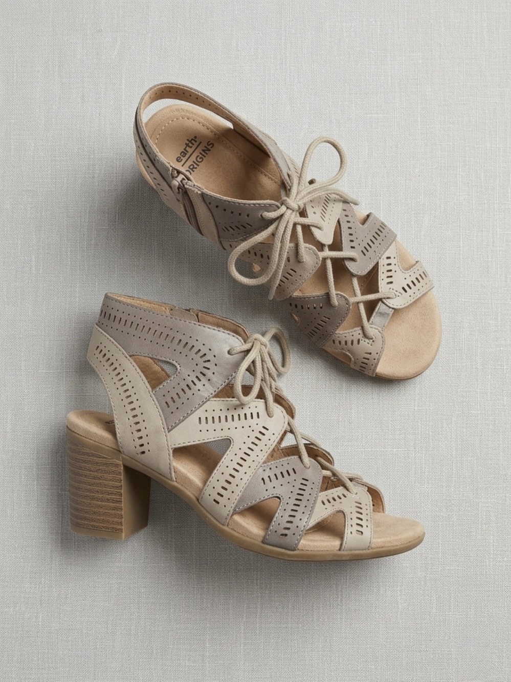 Steph Mali Earth Origins Taupe Lace-Up Perforated Block Heel Sandal
